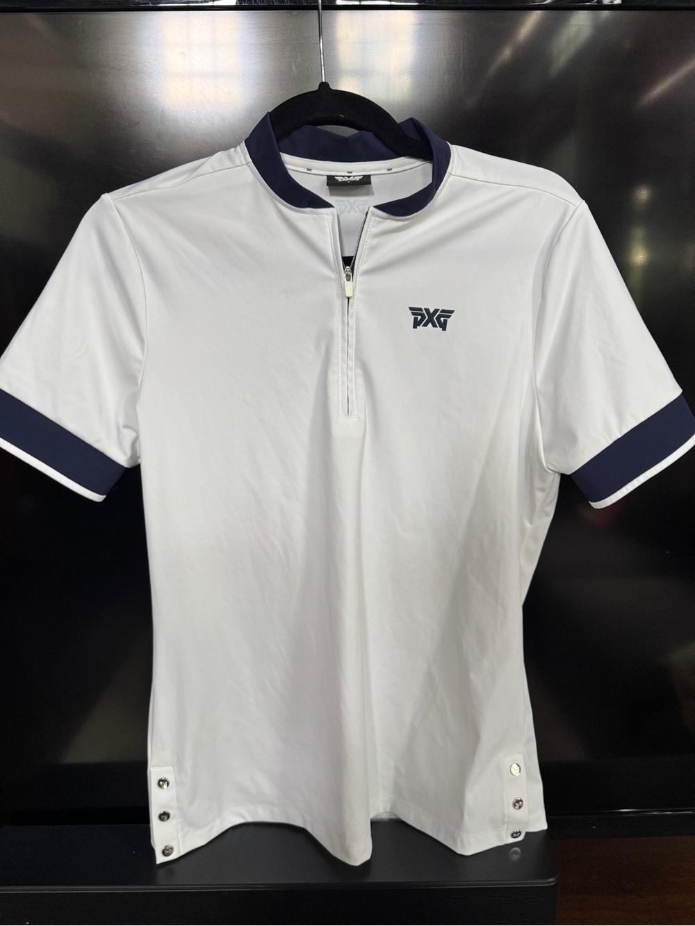 PXG White Short-Sleeve Golf Polo with Navy Trim
